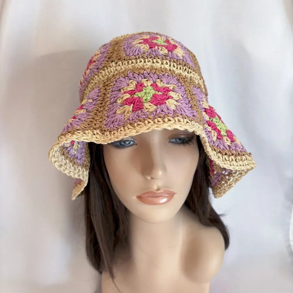 BCBGeneration Straw Crochet Granny Square Bucket Hat Multicolor Size OS